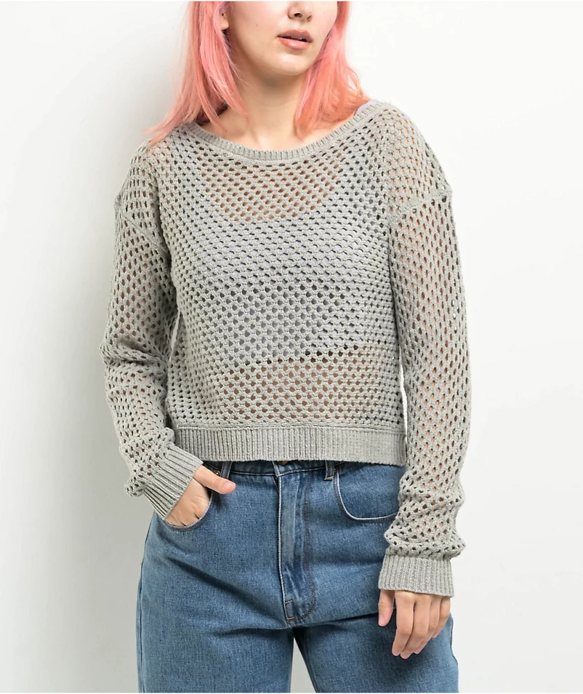 Spicychix Grey Open Knit Long Sleeve Crop Sweater