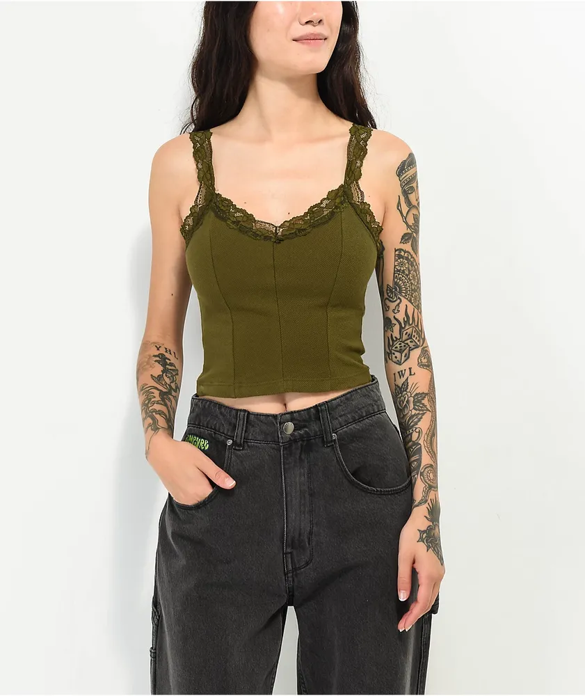 AE Cropped Lace Trim V-Neck Tank Top