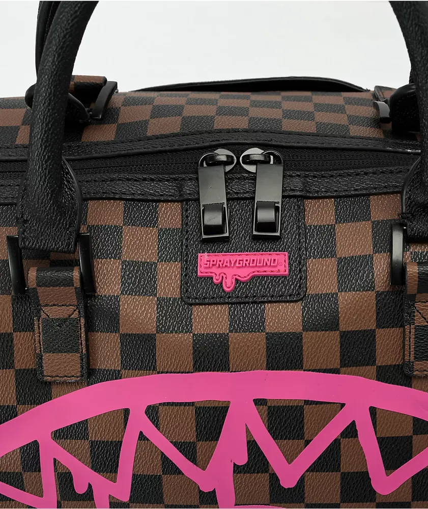 Sprayground Pink Drip Brown Checkered Duffle Bag 