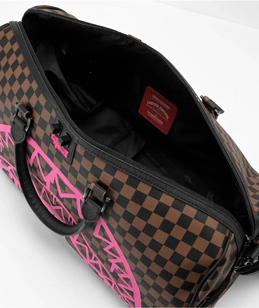 Sprayground Pink Drip Brown Checkered Duffle Bag 