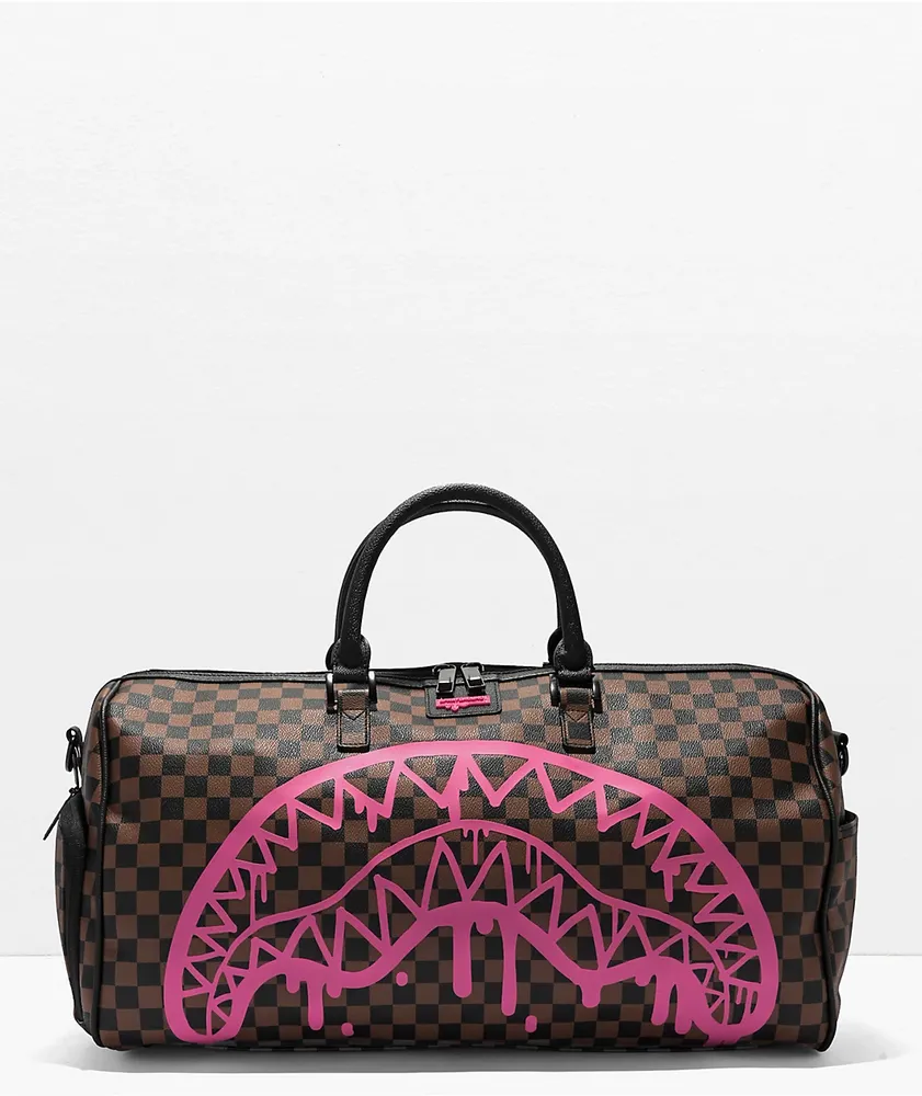 Sprayground Pink Drip Brown Checkered Duffle Bag 