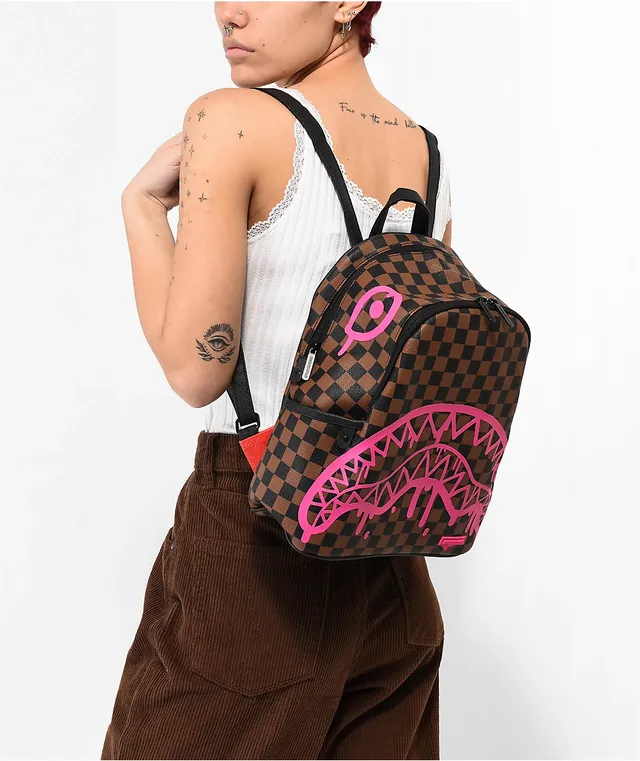 Sprayground Pink Drip Savage Brown & Black Checkered Mini Backpack