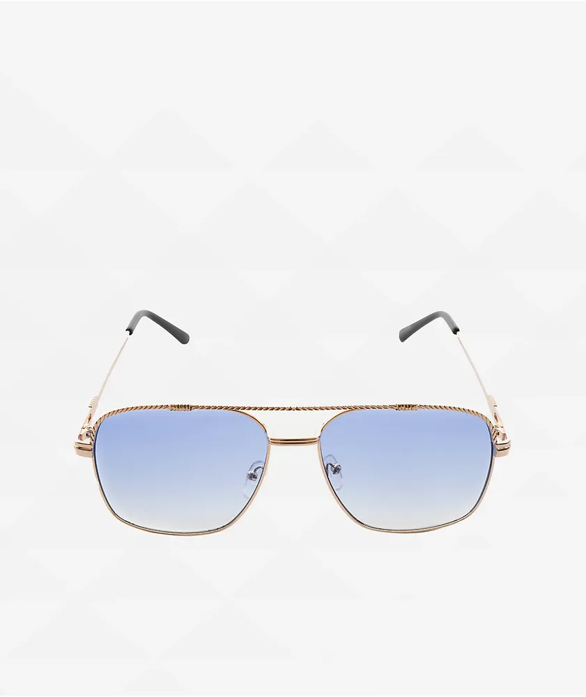 Square Frame Blue & Gold Pilot Sunglasses