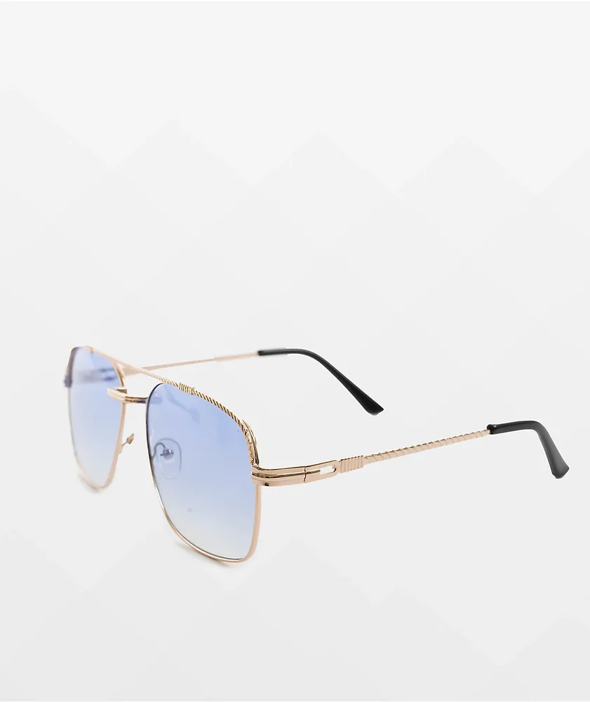 Square Frame Blue & Gold Pilot Sunglasses