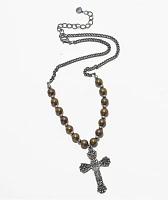 Stone + Locket Beaded Cross Necklace