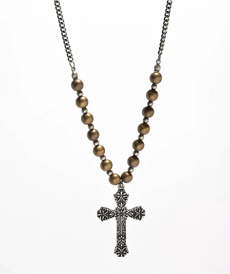Stone + Locket Beaded Cross Necklace
