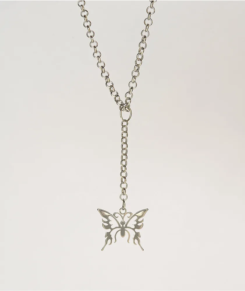 Stone + Locket Butterfly Drop Chain Necklace