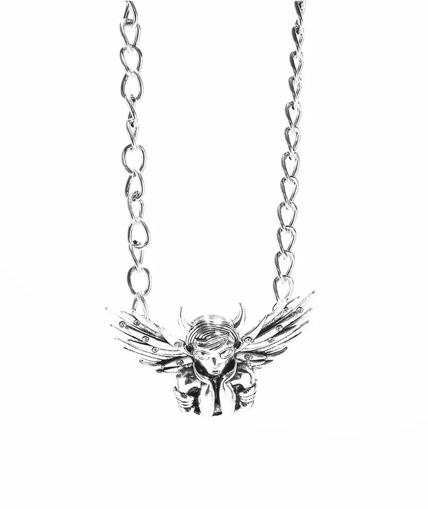 Stone + Locket Cherub Silver Choker Necklace