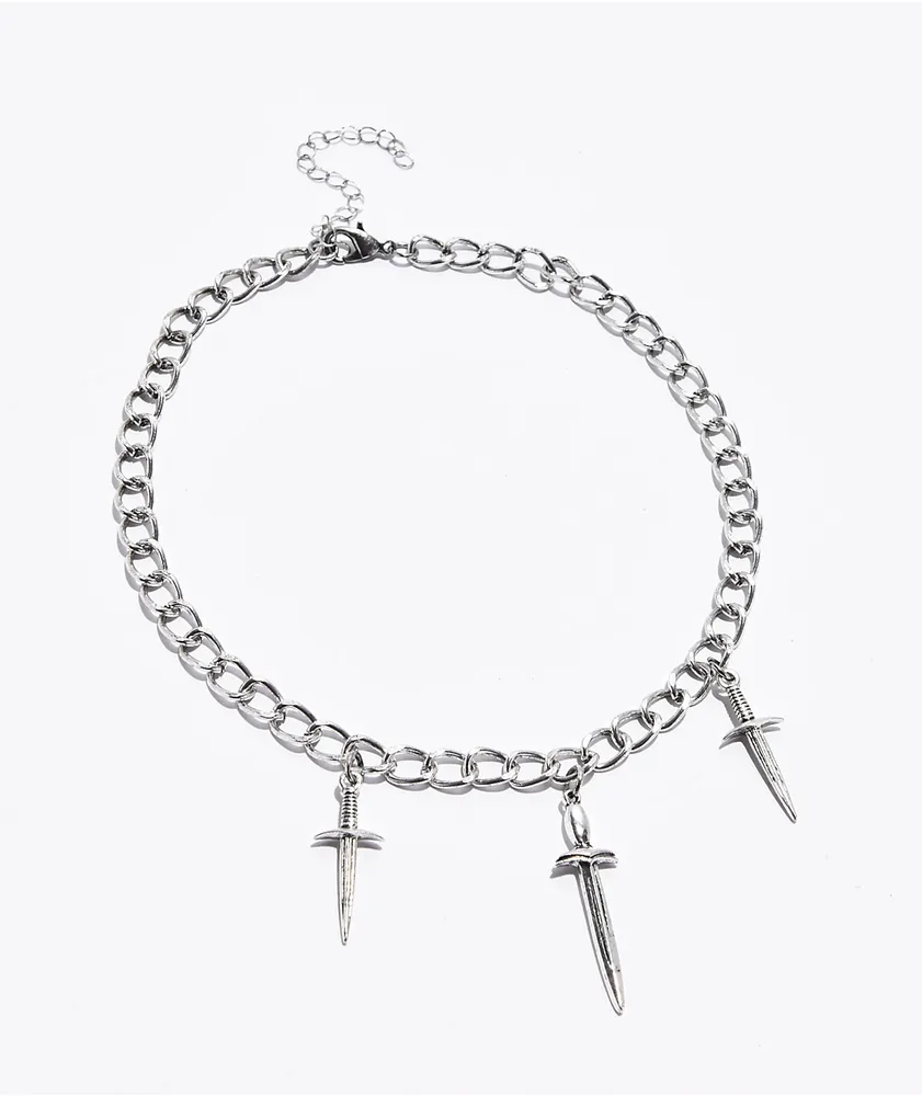 Stone + Locket Dagger Silver 15.5" Choker Chain Necklace