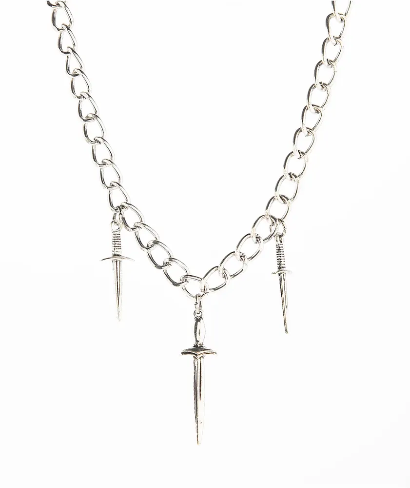 Stone + Locket Dagger Silver 15.5" Choker Chain Necklace