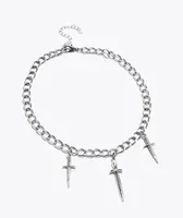 Stone + Locket Dagger Silver Choker Chain Necklace