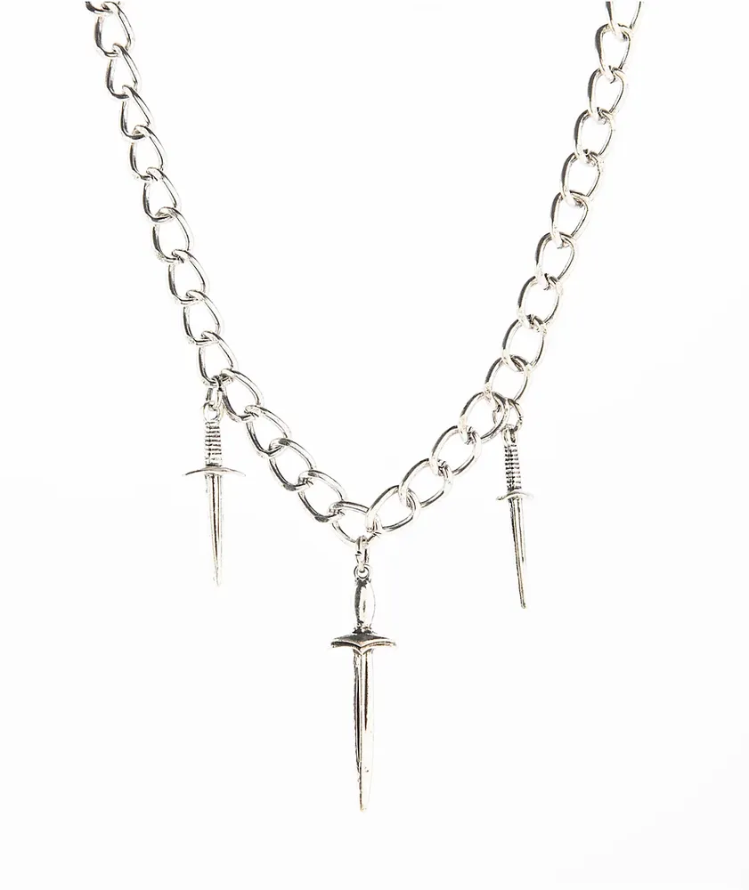 Stone + Locket Dagger Silver Choker Chain Necklace