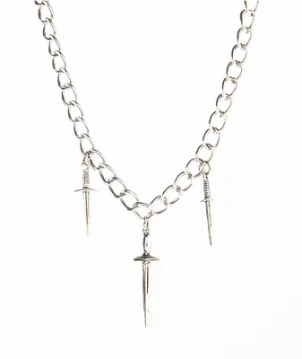 Stone + Locket Dagger Silver Choker Chain Necklace