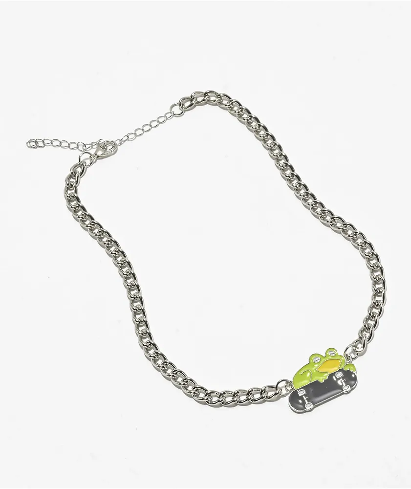 Stone + Locket Frog Skater 14" Silver Necklace