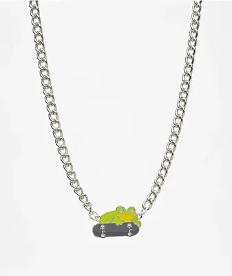 Stone + Locket Frog Skater 14" Silver Necklace