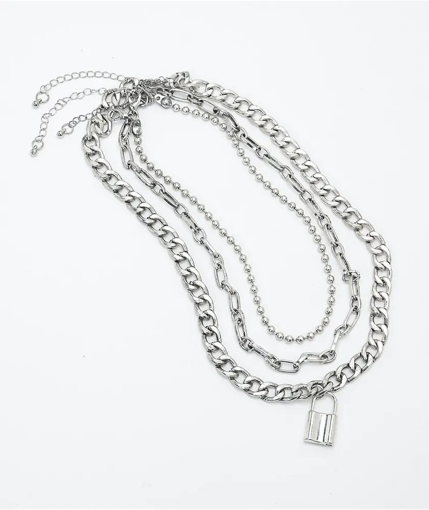 Stone + Locket Lock & Chain 18" Silver Layered Necklace Pack