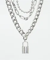 Stone + Locket Lock & Chain 18" Silver Layered Necklace Pack
