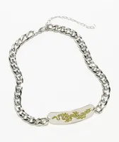 Stone + Locket Neon Dragon 14.25" Silver Chain Necklace