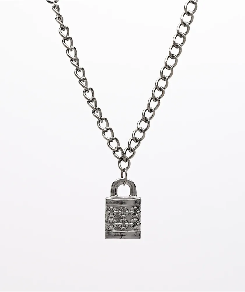 Stone + Locket Padlock Gunmetal 24" Necklace