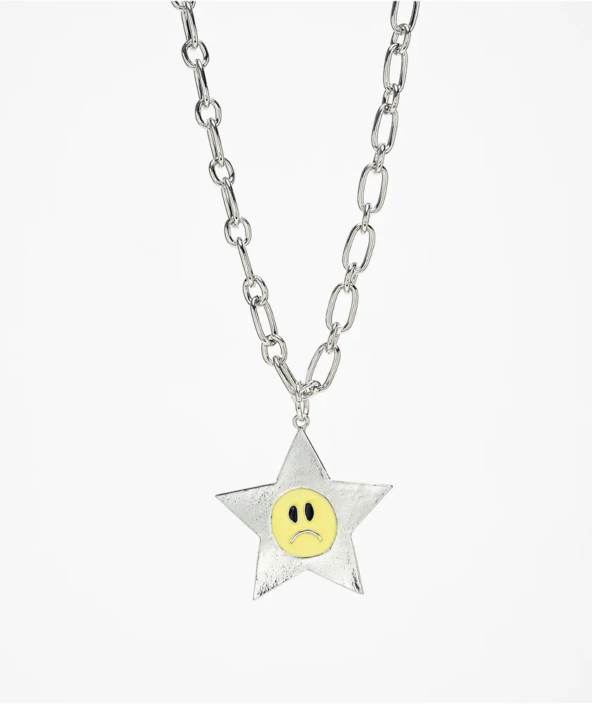 Stone + Locket Sad Star 20" Silver Necklace