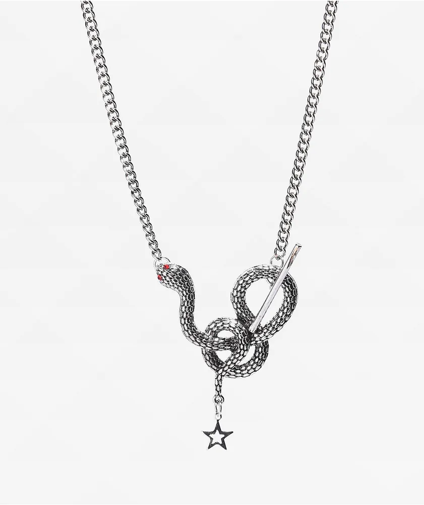 Stone + Locket Snake Bite 18" Silver Chain Necklace