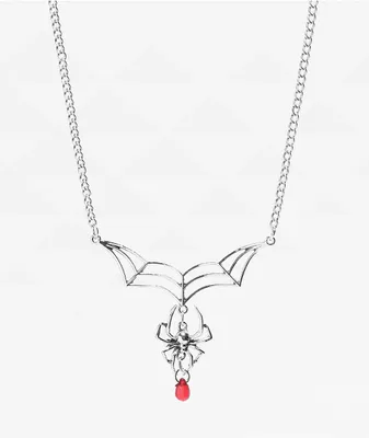 Stone + Locket Spider 18" Silver Chain Necklace