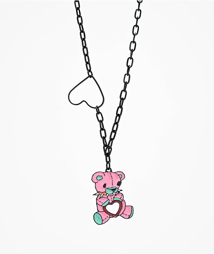 Stone + Locket Spike Bear 10" Black Chain Necklace