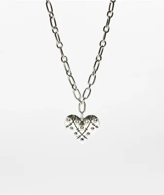 Stone + Locket Spiked Heart 16" Silver Necklace