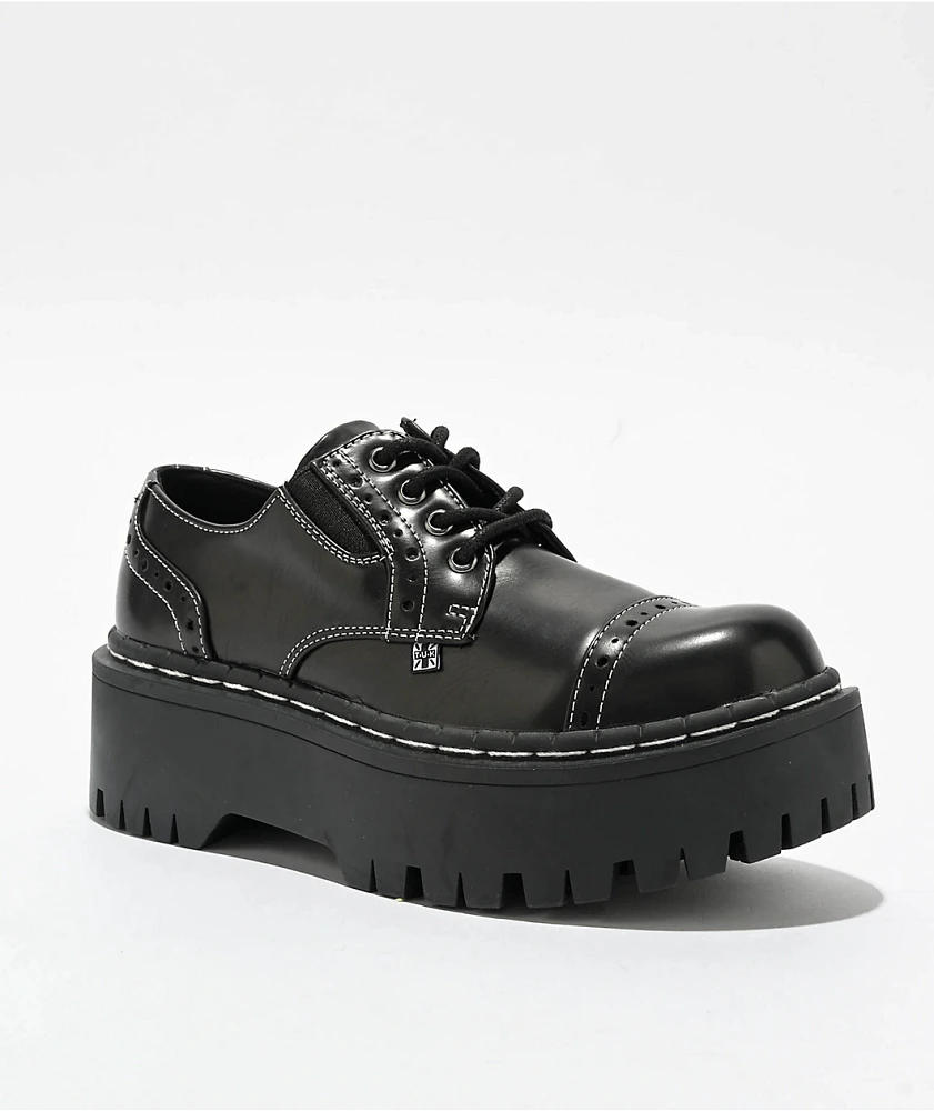 T.U.K. Burnished Contrast Stitch Double Decker Brogue Black Shoes