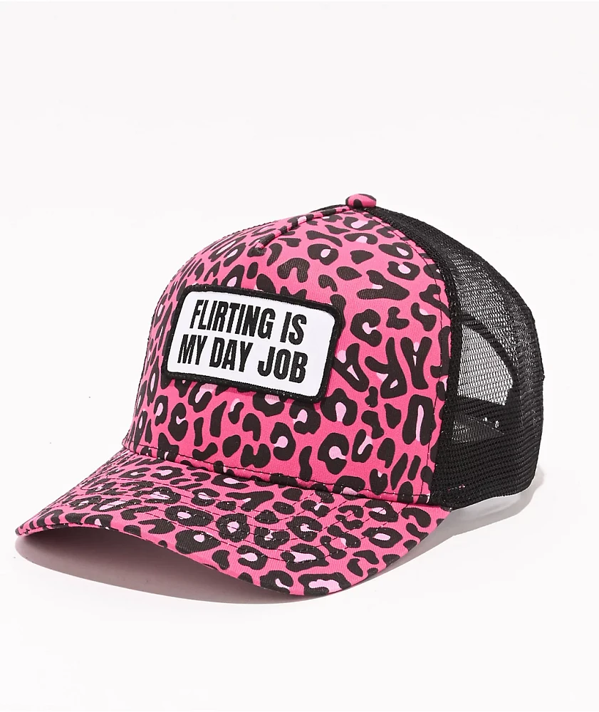 Tara Yummy Flirting Is My Day Job Pink & Black Cheetah Print Trucker Hat