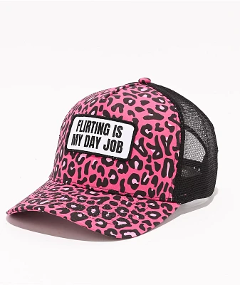 Tara Yummy Flirting Is My Day Job Pink & Black Cheetah Print Trucker Hat