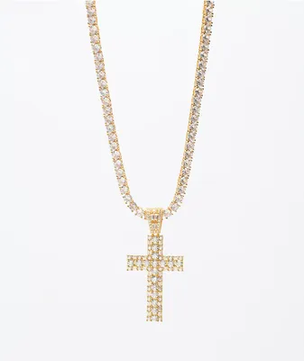 The Gold Gods Diamond Cross Gold Tennis Chain 22" Necklace