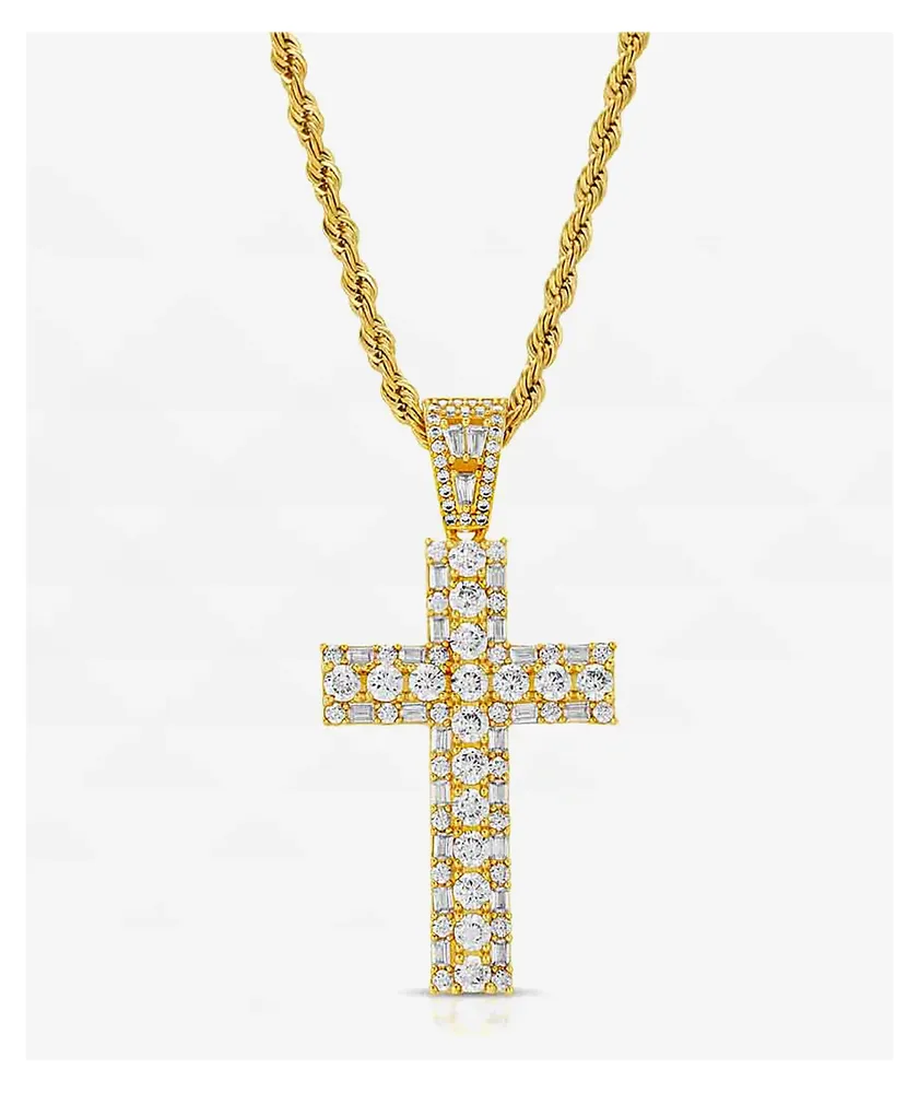 The Gold Gods Diamond Round Cut Cross 22" Gold Rope Chain Necklace