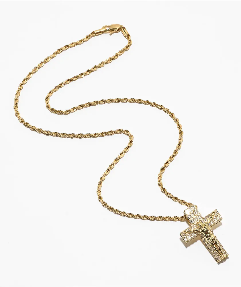The Gold Gods Flooded Crucifix 22" Gold Rope Chain Necklace