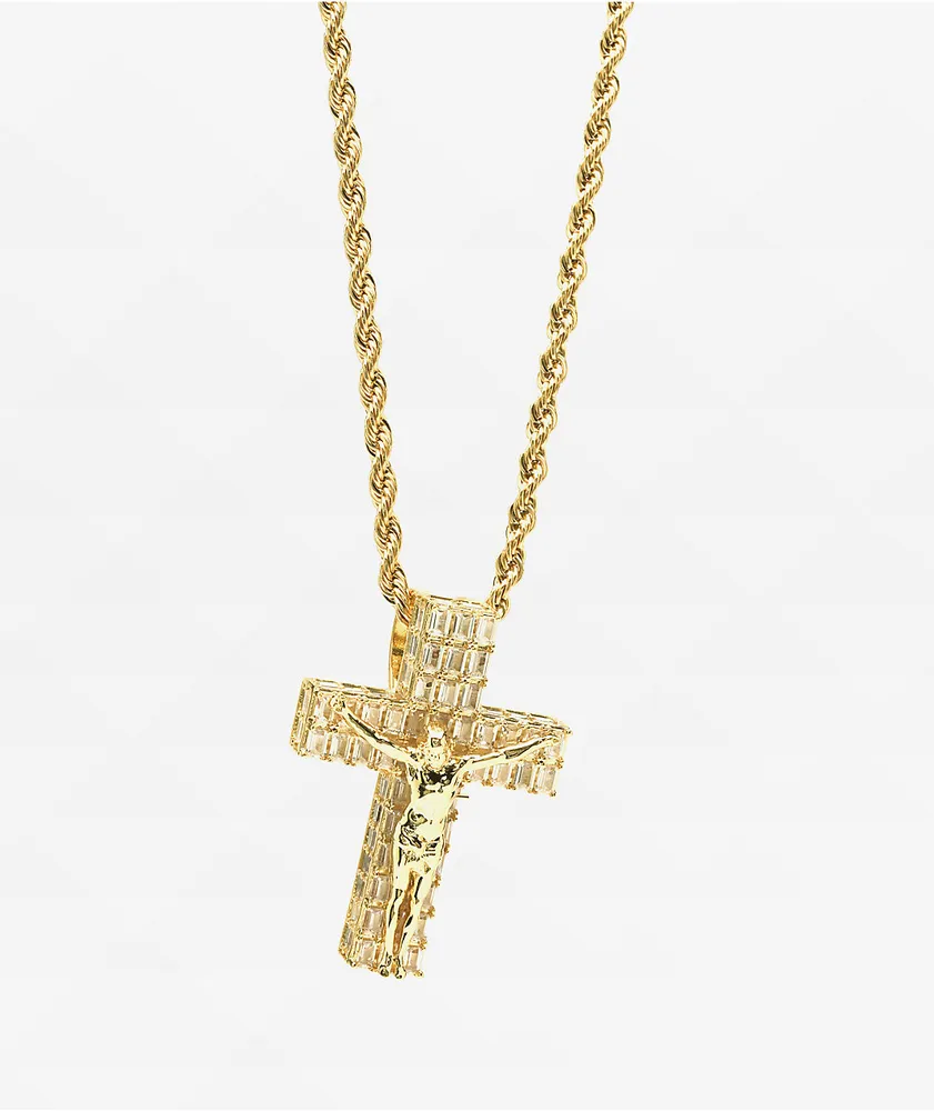 The Gold Gods Flooded Crucifix 22" Gold Rope Chain Necklace