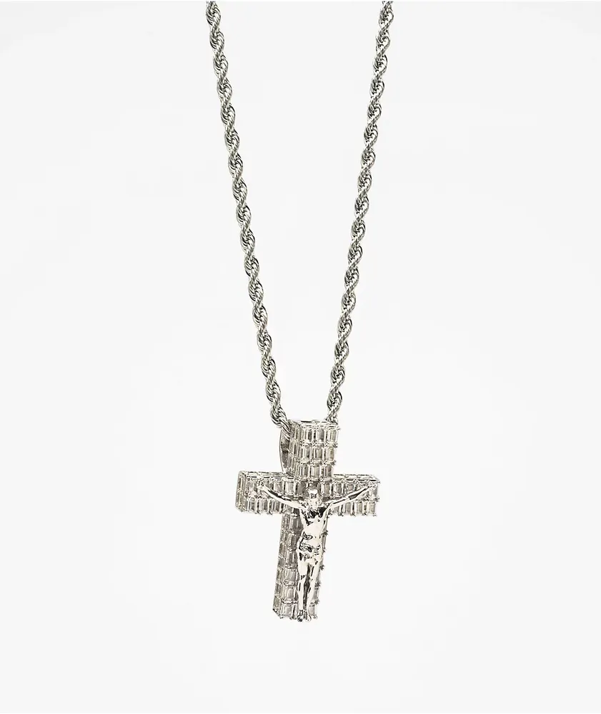The Gold Gods Flooded Crucifix 22" White Gold Rope Chain Necklace