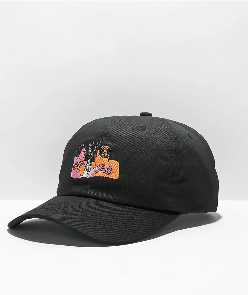 There Flower Embroidered Black Strapback Hat