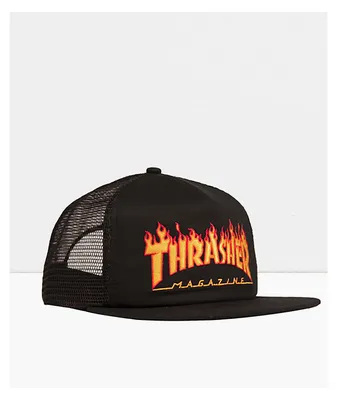 Thrasher Flame Logo Black Trucker Hat