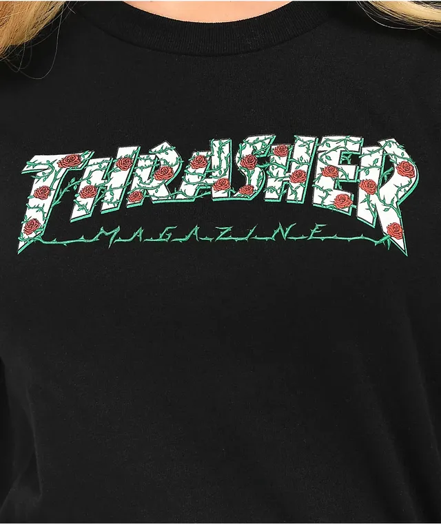 white thrasher shirt with roses