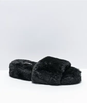 Trillium Black Furry Slide Sandals