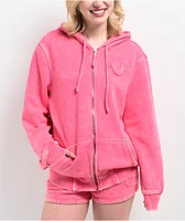 True Religion Acid Wash Big T Hot Pink Zip Hoodie