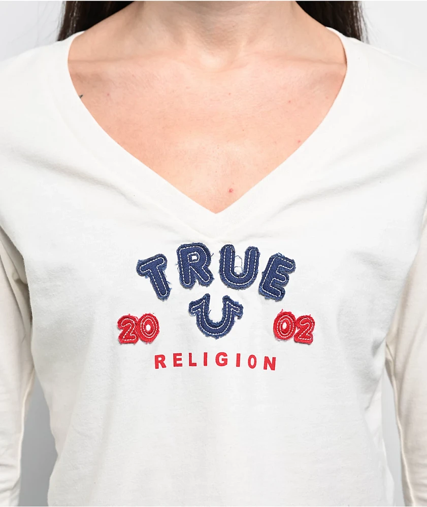 True Religion Applique Winter White Long Sleeve Crop T-Shirt