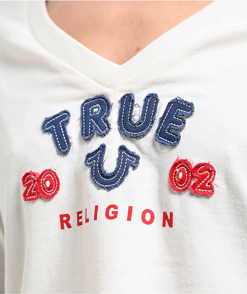 True Religion Applique Winter White Long Sleeve Crop T-Shirt