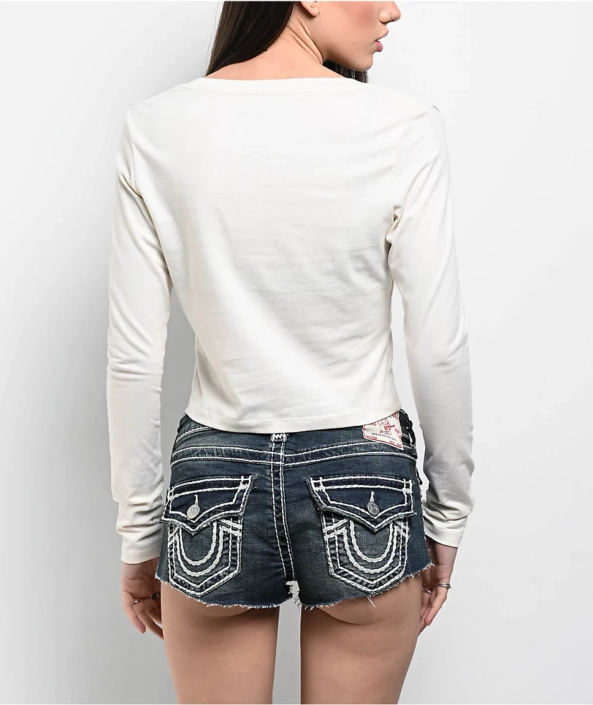 True Religion Applique Winter White Long Sleeve Crop T-Shirt