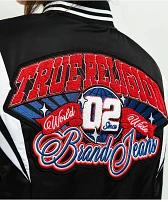 True Religion Black Satin Varsity Bomber Jacket