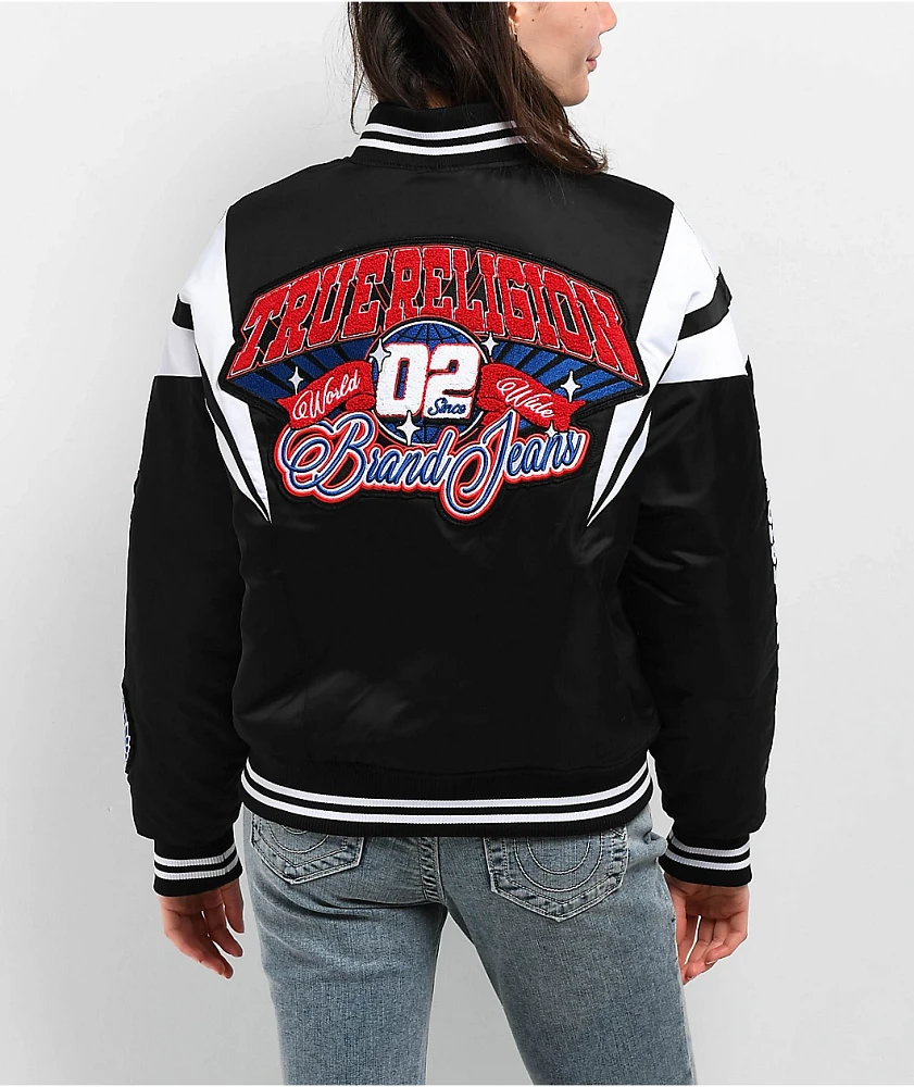 True Religion Black Satin Varsity Bomber Jacket