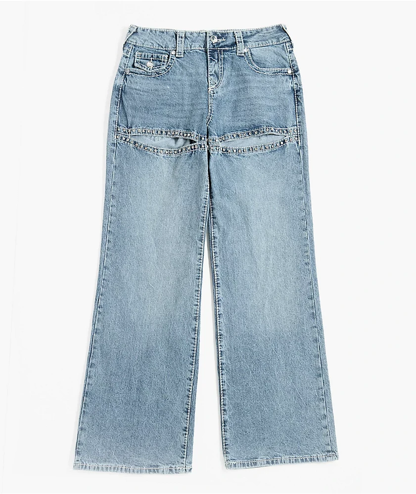 True Religion Bobbi Crystal Cutout Big T Blue Baggy Jeans