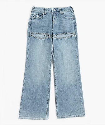 True Religion Bobbi Crystal Cutout Big T Blue Baggy Jeans