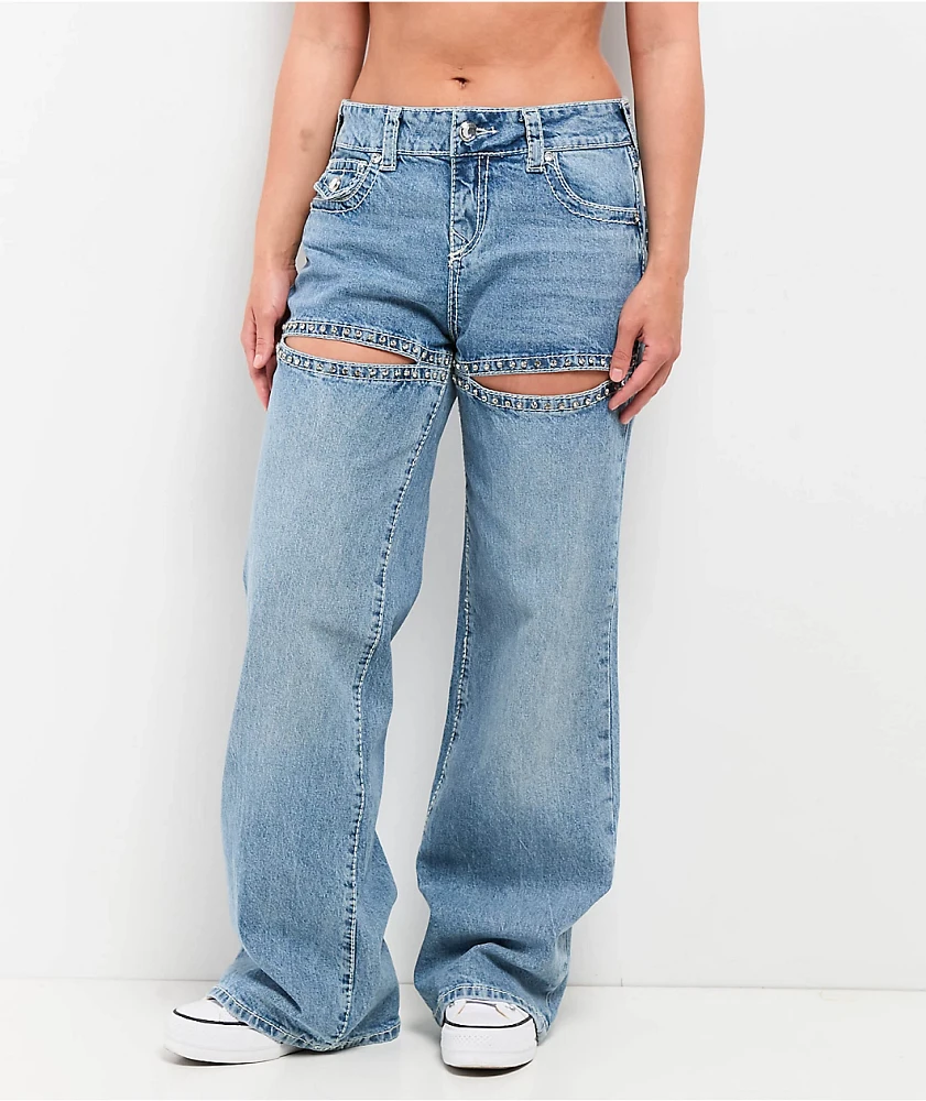 True Religion Bobbi Crystal Cutout Big T Blue Baggy Jeans