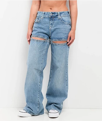 True Religion Bobbi Crystal Cutout Big T Blue Baggy Jeans